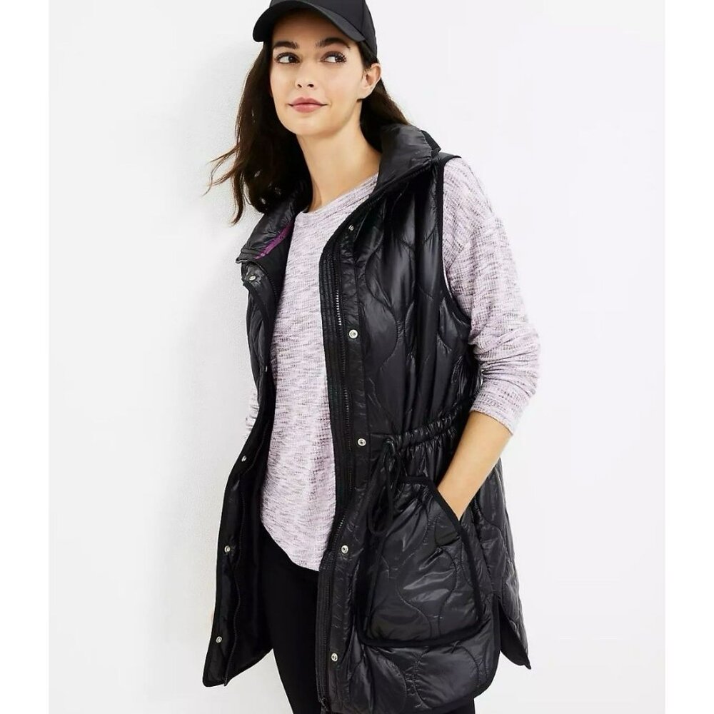 Lou & Grey Black Quilted Puffer Vest Womens Smel Cinch Waist Lightweight - Picture 2 of 8